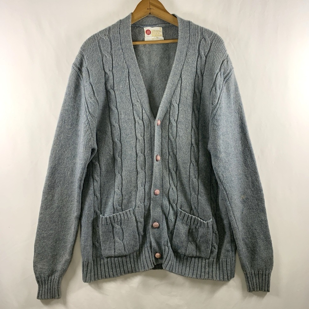 VTG 70s Mens Wool Blend Cable Knit Cardigan Grandpa Sweater Sz L/XL Tall Grunge